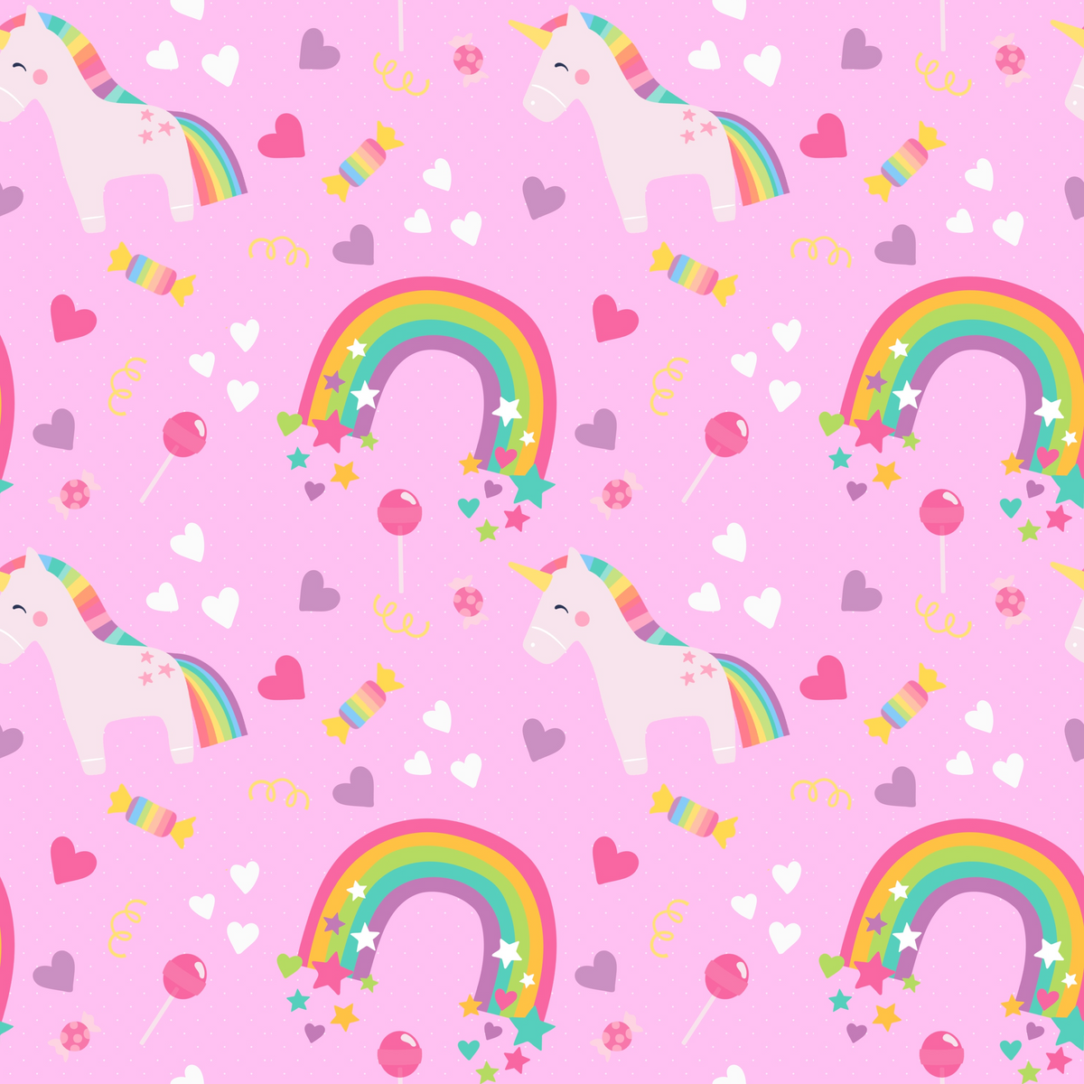 A repeating pattern on a light pink background featuring white unicorns with pastel rainbow manes and tails, rainbow arches with small stars and hearts, candy sticks, lollipops, and scattered white and pastel hearts.