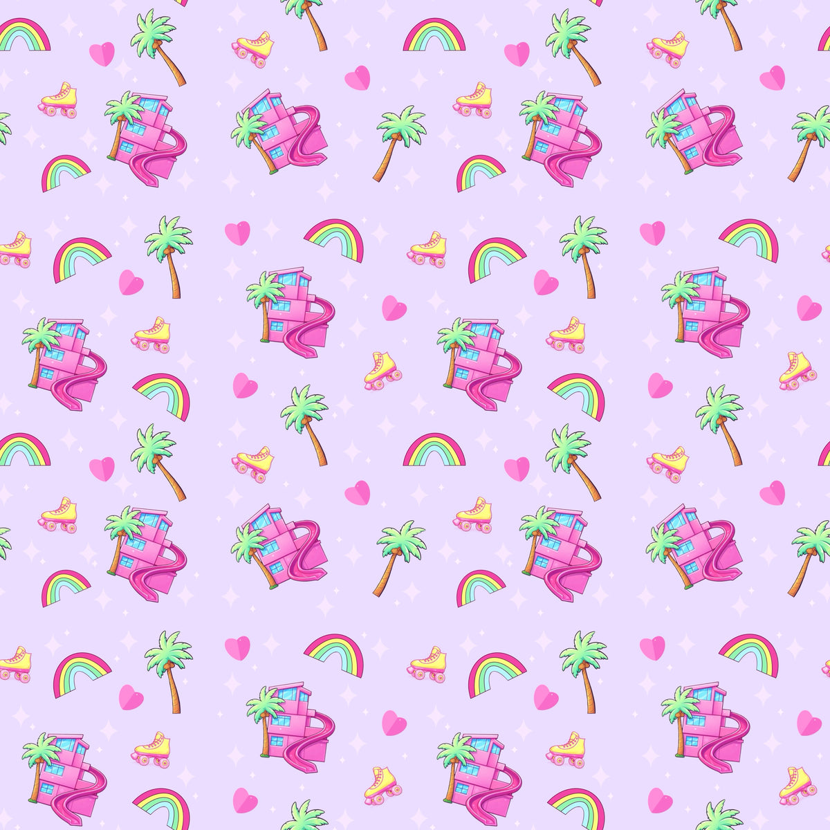 Polly & Pearl footless romper fabric featuring a retro print of palm trees, rainbows, and roller skates on lavender.