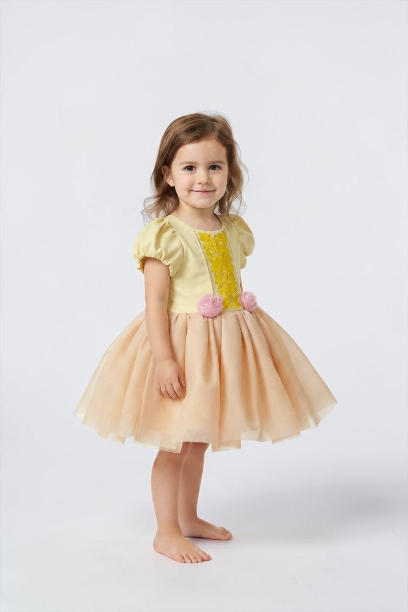 Toddler girl modeling Polly & Pearl princess dress with yellow embroidered bodice, puff sleeves, pink roses and peach tulle skirt