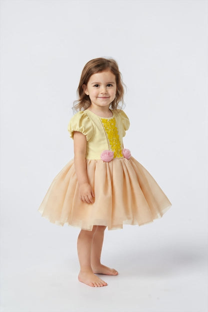 Toddler girl modeling Polly & Pearl princess dress with yellow embroidered bodice, puff sleeves, pink roses and peach tulle skirt