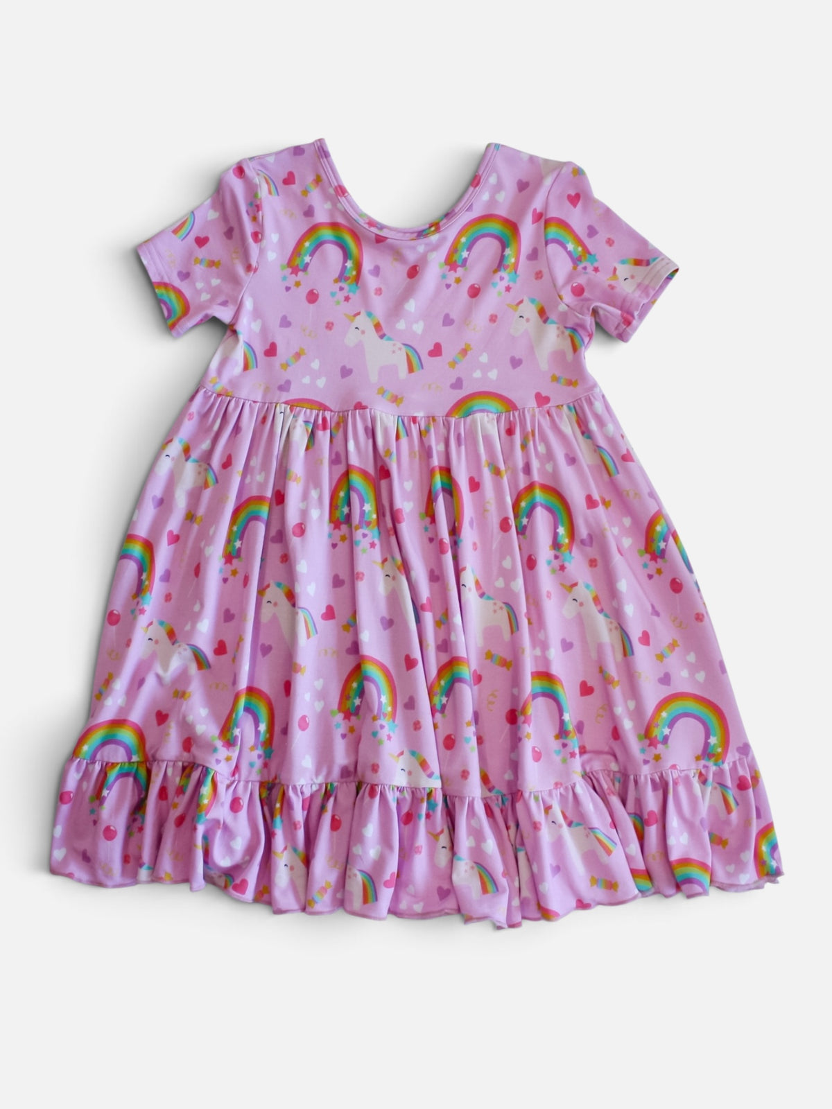 Polly & Pearl girls' bamboo viscose pink unicorn and rainbow twirl dress with short sleeves, gathered waist, and ruffled hem skirt