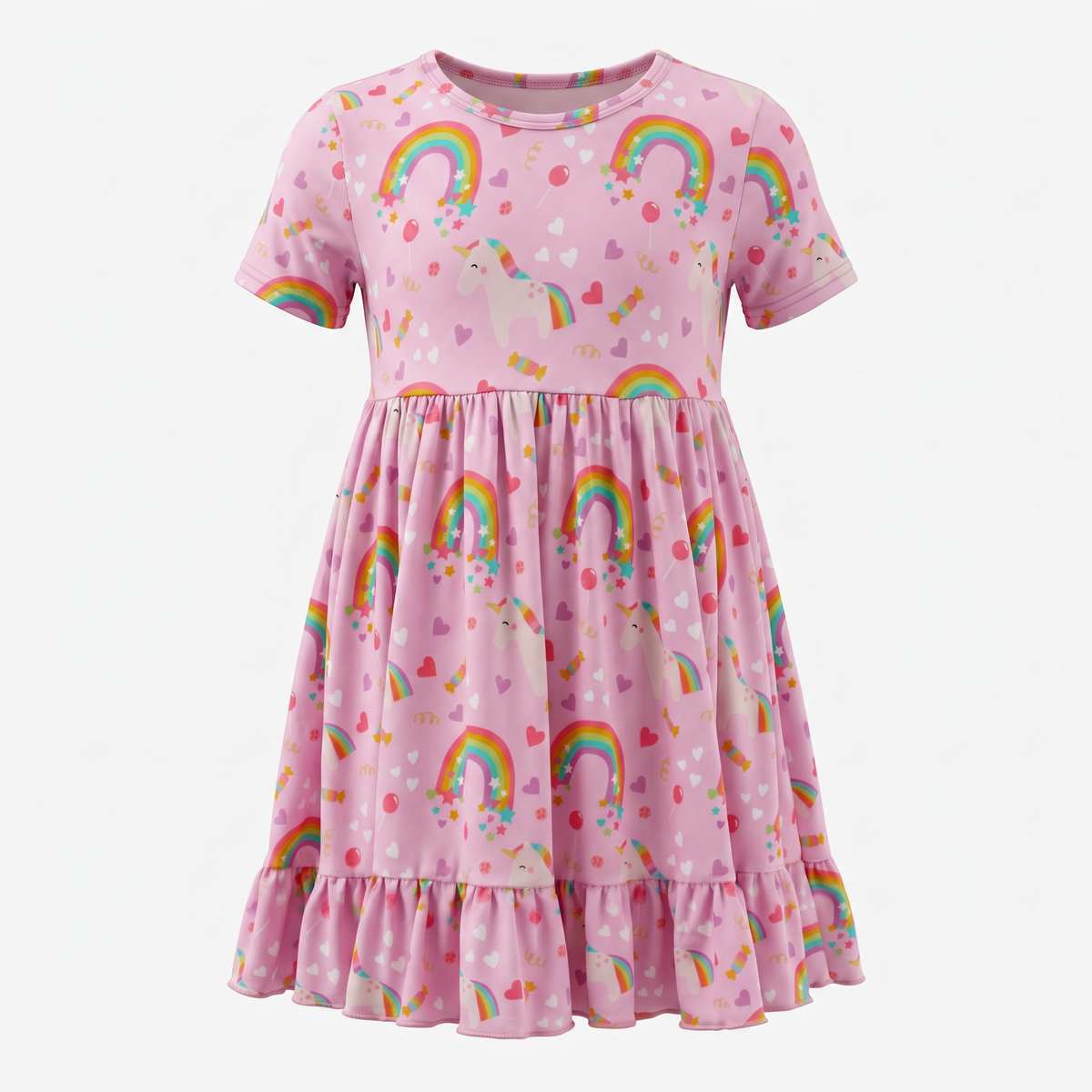 A short-sleeve bamboo viscose pink dress with a unicorn and rainbow print, featuring a gathered waist and ruffled hem, shown on a plain light background.