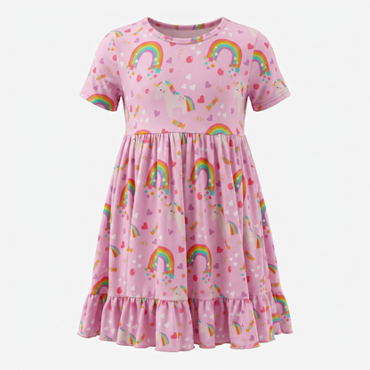 A short-sleeve bamboo viscose pink dress with a unicorn and rainbow print, featuring a gathered waist and ruffled hem, shown on a plain light background.