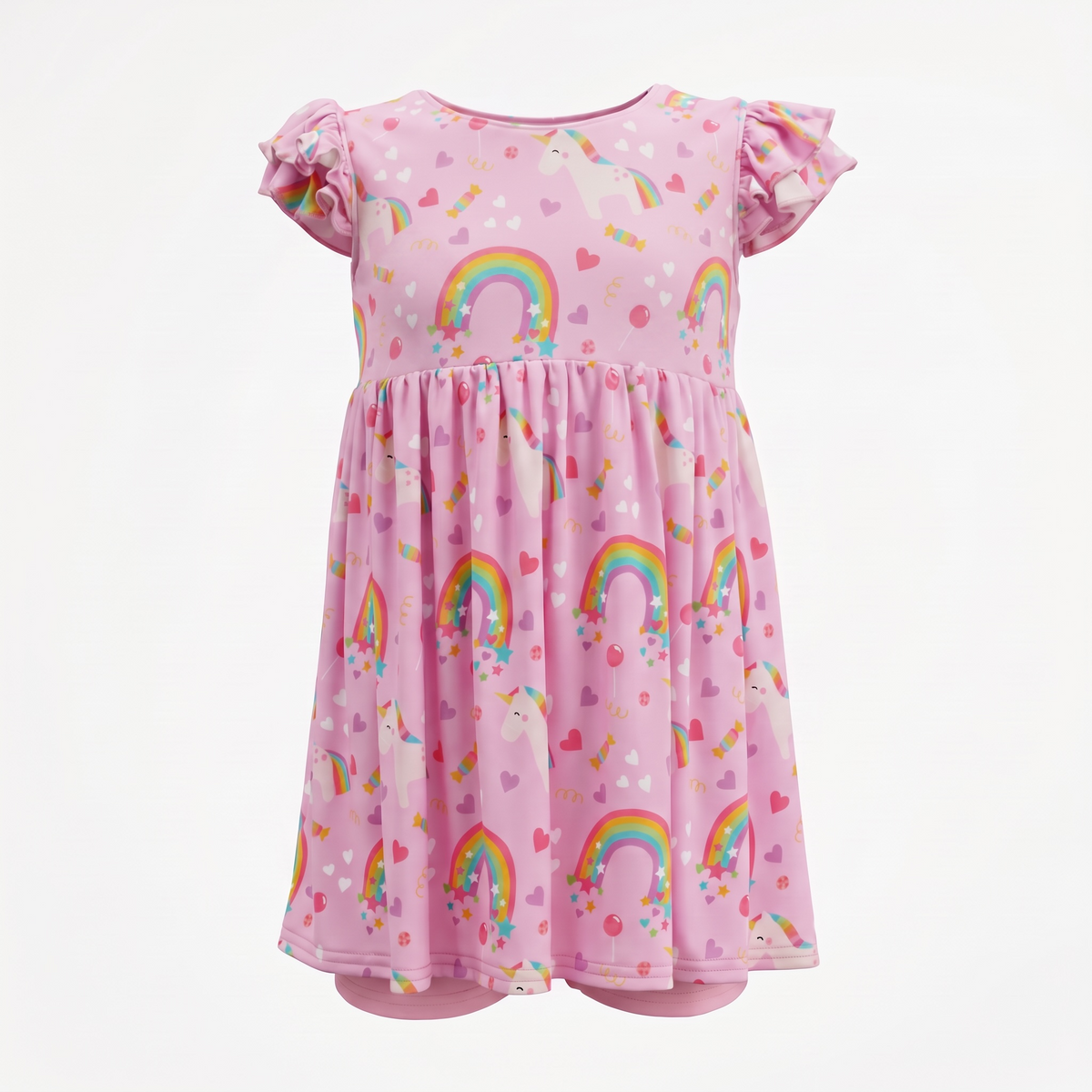 A pink girls' bamboo viscose dress with a rainbow and heart print, featuring flutter sleeves and a gathered waist, shown against a plain white background.