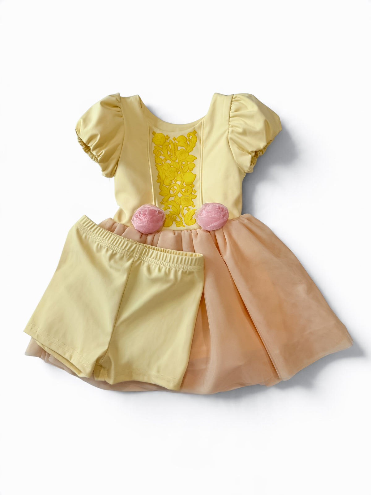 Polly & Pearl toddler princess dress with matching yellow shorts, gold floral embroidery, pink roses and peach tulle skirt