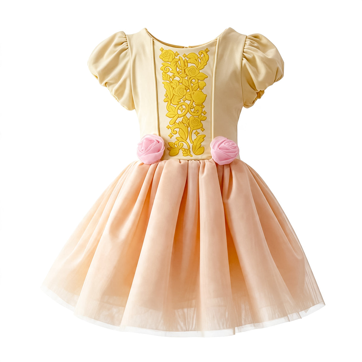 A toddler girl's dress with a beige bodice featuring yellow floral embroidery, short puff sleeves, a peach tulle skirt, and two pink fabric flowers at the waist.