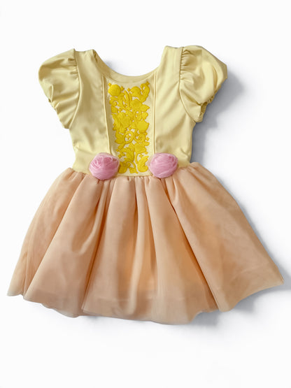 Polly & Pearl toddler princess dress flat lay with pale yellow puff sleeves, gold floral embroidery, pink roses and peach tulle skirt