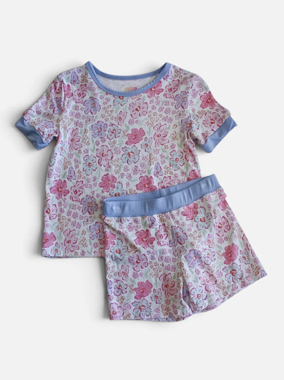 Pink Blossoms & Periwinkle Bamboo Short Sleeve Pajama Shorts Set