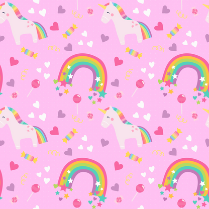 A repeating pattern on a light pink background featuring white unicorns with pastel rainbow manes and tails, rainbow arches with small stars and hearts, candy sticks, lollipops, and scattered white and pastel hearts.