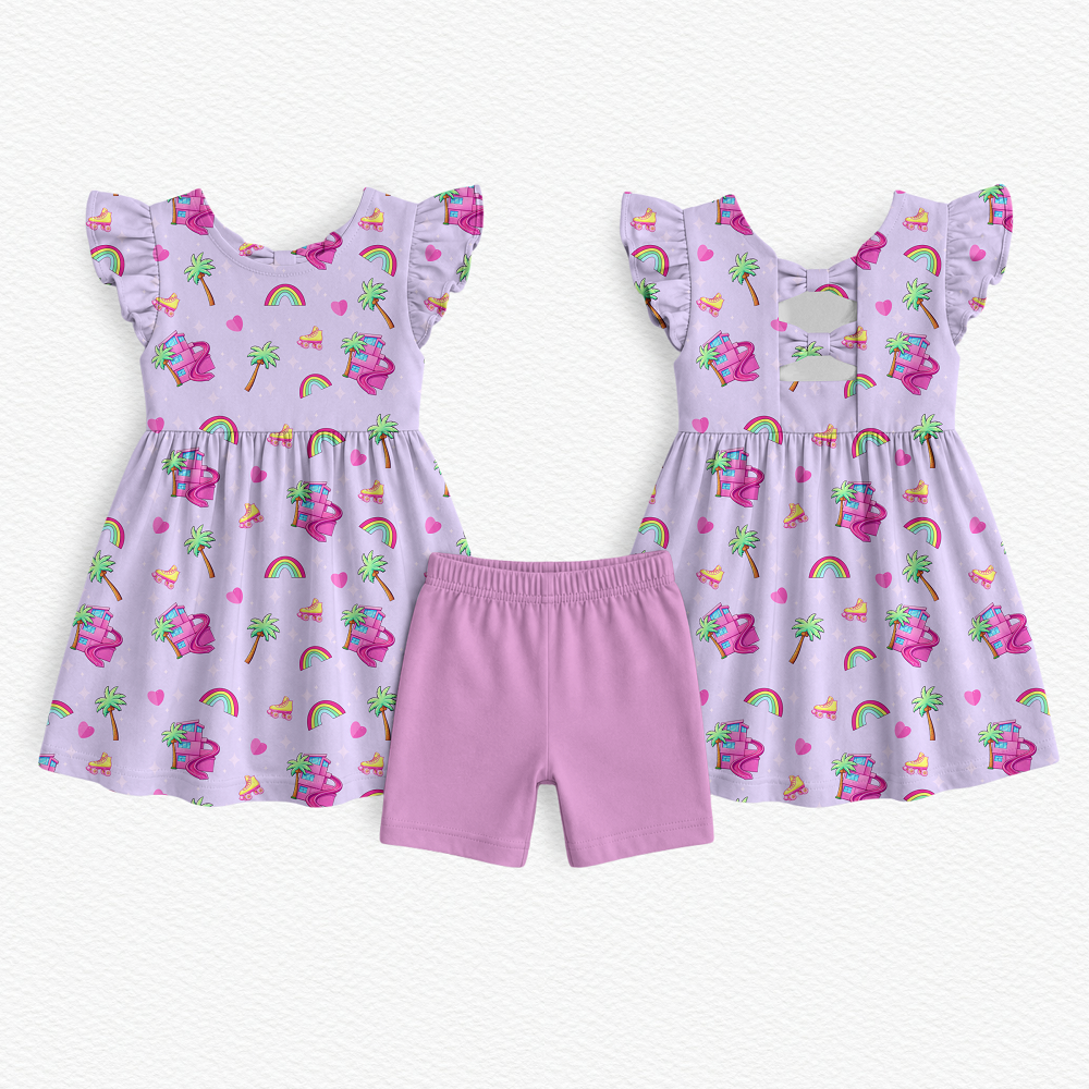 Girls' two-piece bamboo viscose outfit set featuring a light purple dress with flutter sleeves, rainbows, yellow roller skates, palm tress, and a doll  dreamhouse 