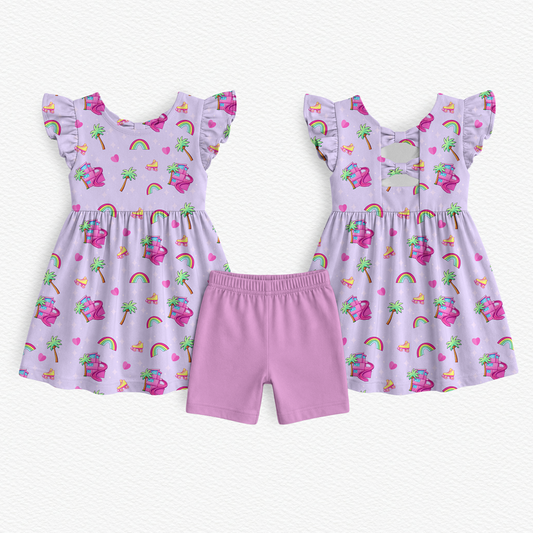 Girls' two-piece bamboo viscose outfit set featuring a light purple dress with flutter sleeves, rainbows, yellow roller skates, palm tress, and a doll  dreamhouse 