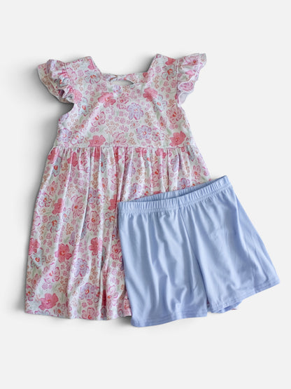 Pink Blossoms & Periwinkle Bamboo Dottie Twirl Dress