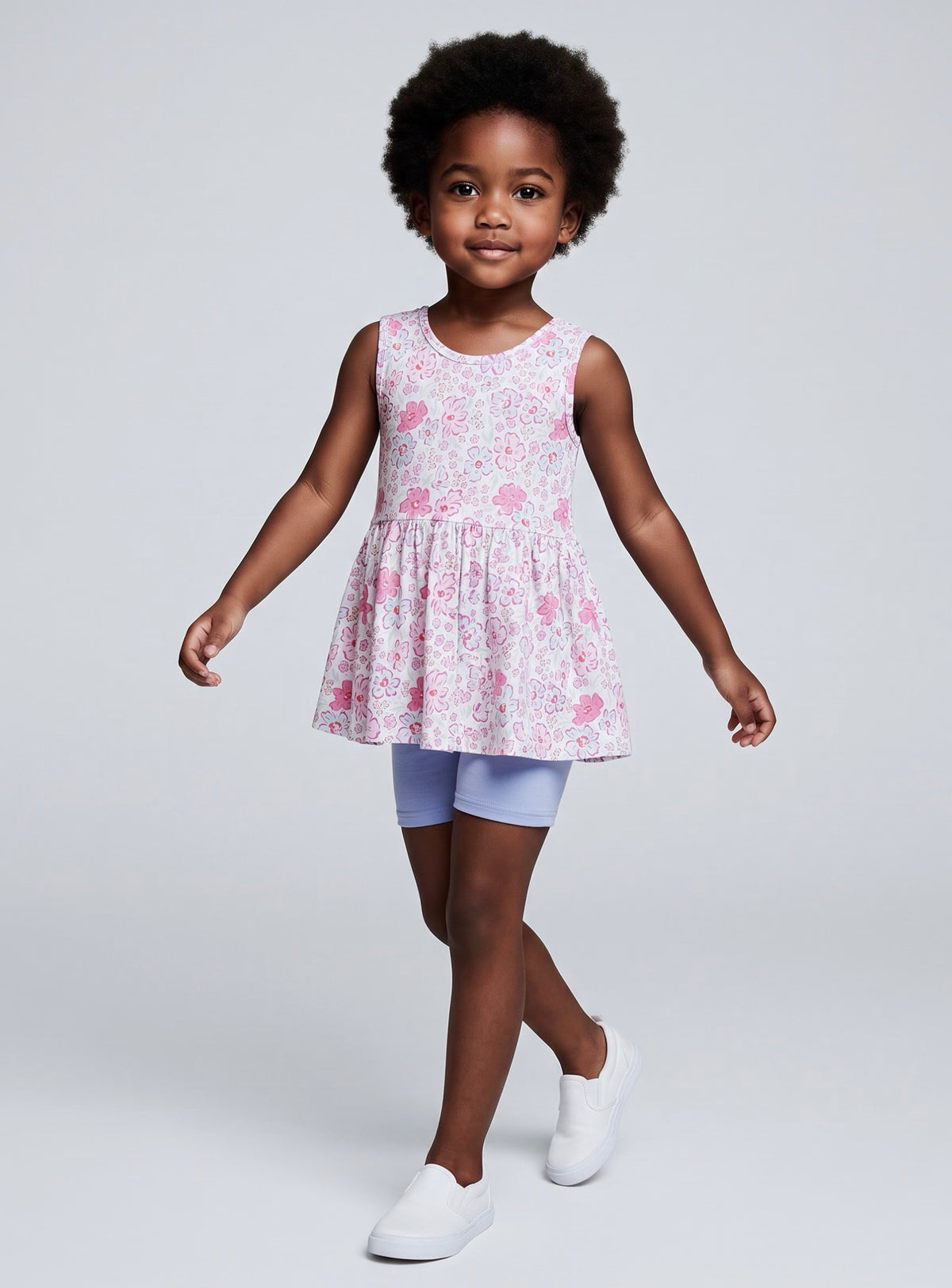 Pink Blossoms & Periwinkle Bamboo Peplum Top and Shorts Set