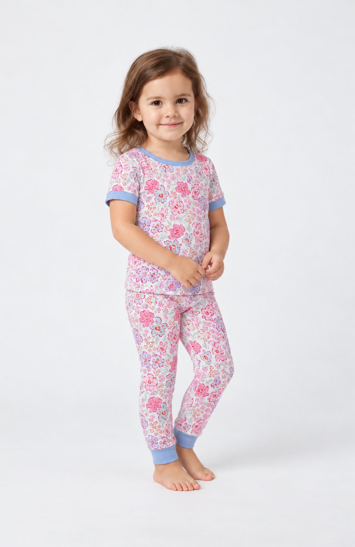 Pink Blossoms & Periwinkle Bamboo Short Sleeve Pajama Set