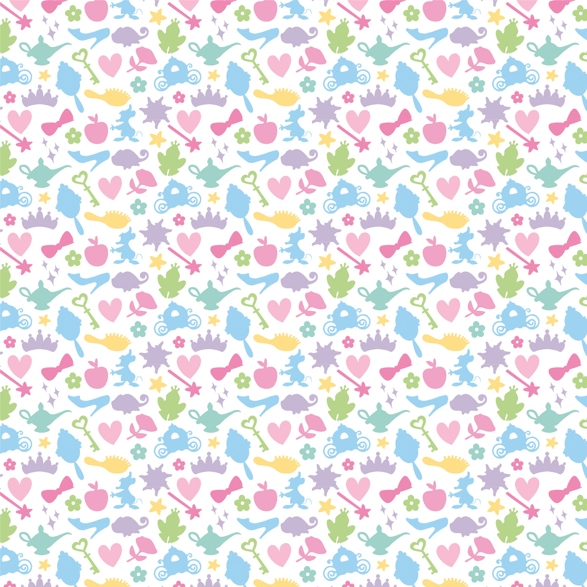 Polly & Pearl pastel princess pajama print featuring crowns, carriages, glass slippers, hearts, wands and fairy tale icons