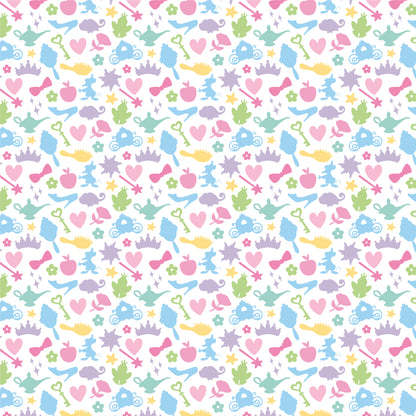 Polly & Pearl pastel princess pajama print featuring crowns, carriages, glass slippers, hearts, wands and fairy tale icons