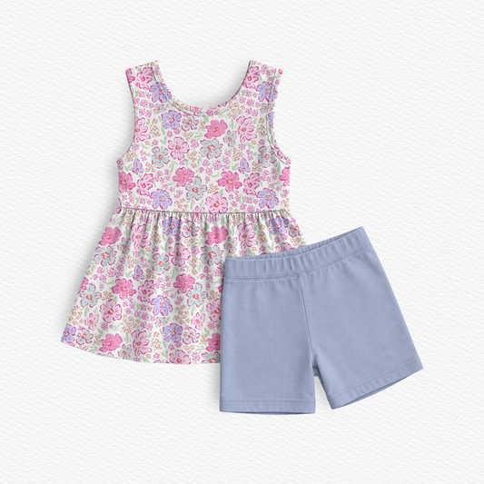 Pink Blossoms & Periwinkle Bamboo Peplum Top and Shorts Set