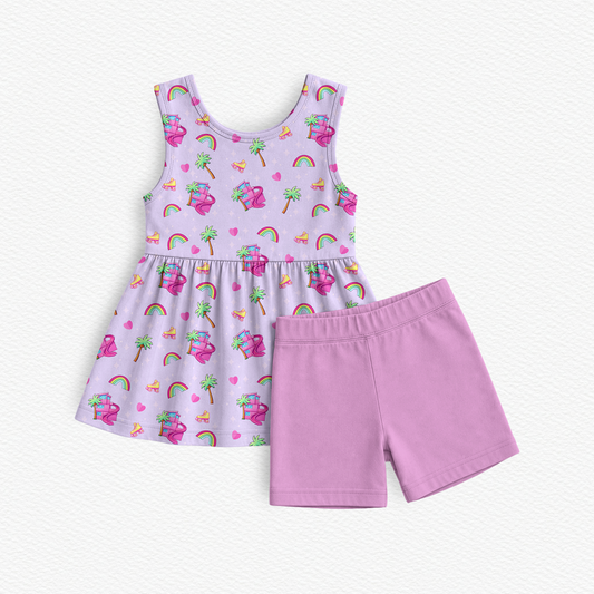 Girls' two-piece bamboo viscose outfit set featuring a light purple peplum top with matching pink shorts featuring  rainbows, yellow roller skates, palm tress, and a doll  dreamhouse 