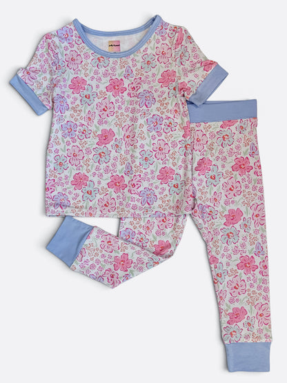 Pink Blossoms & Periwinkle Bamboo Short Sleeve Pajama Set