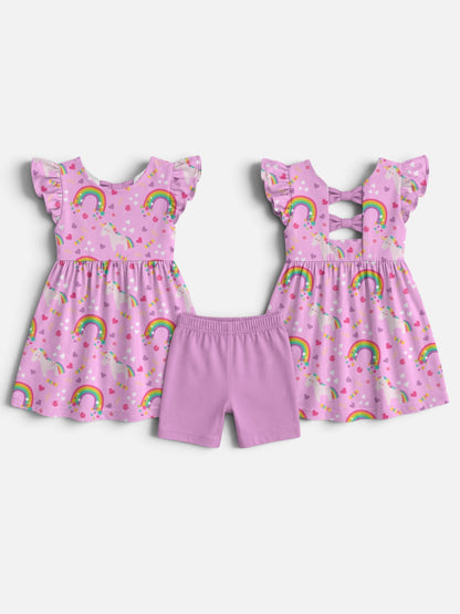 Polly & Pearl girls' bamboo viscose pink unicorn and rainbow dress with flutter sleeves, bow-back detail and matching pink shorts 