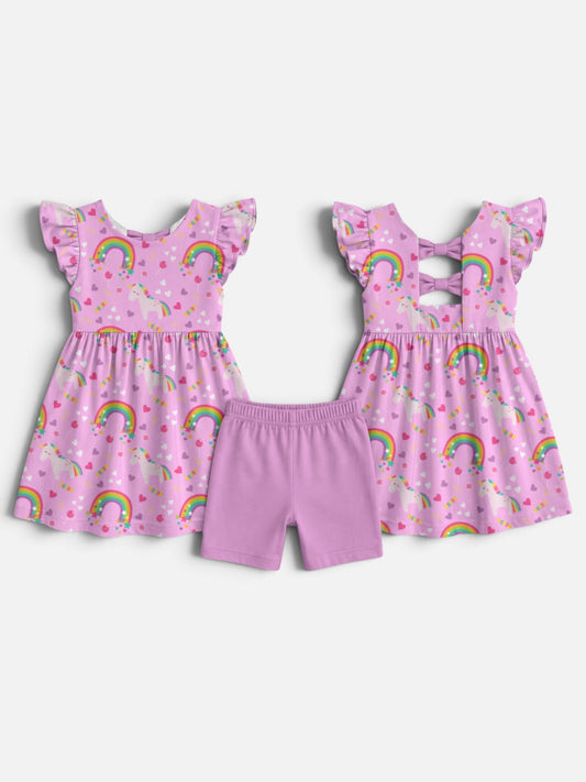 Polly & Pearl girls' bamboo viscose pink unicorn and rainbow dress with flutter sleeves, bow-back detail and matching pink shorts 