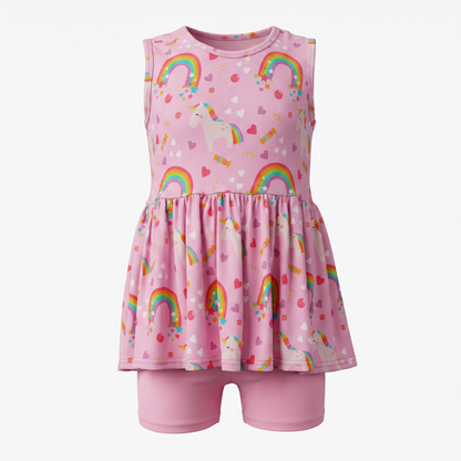 A sleeveless pink children's bamboo viscose peplum top, featuring an all-over print of rainbows, unicorns, and hearts, paired with matching pink shorts, shown on a plain light gray background.