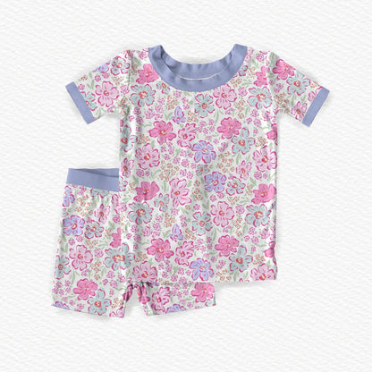 Pink Blossoms & Periwinkle Bamboo Short Sleeve Pajama Shorts Set