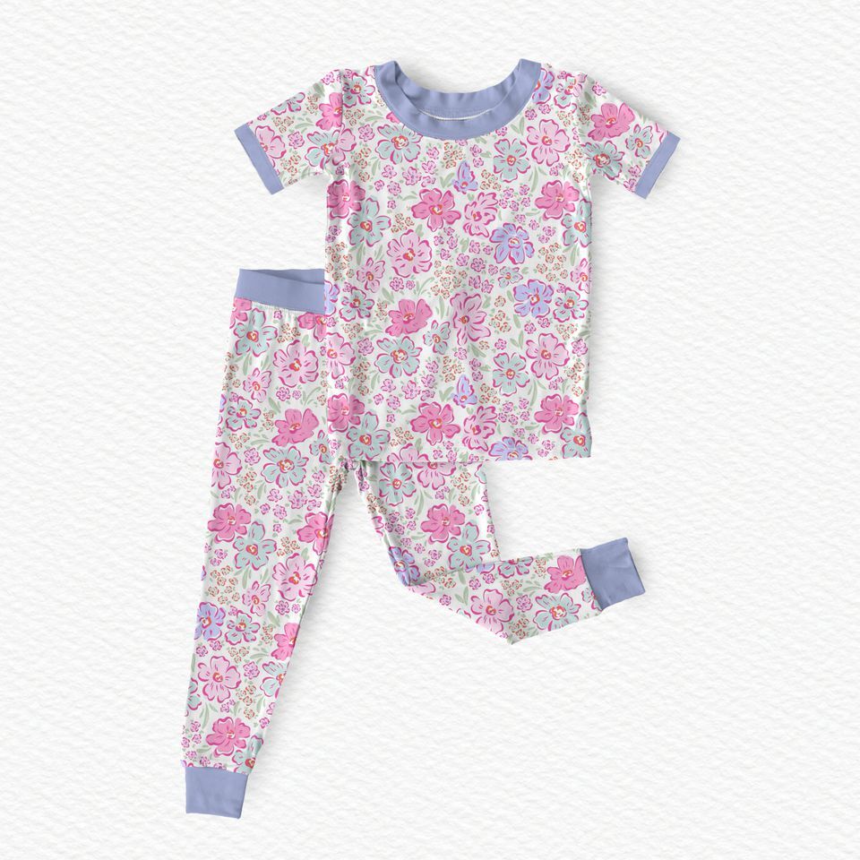 Pink Blossoms & Periwinkle Bamboo Short Sleeve Pajama Set