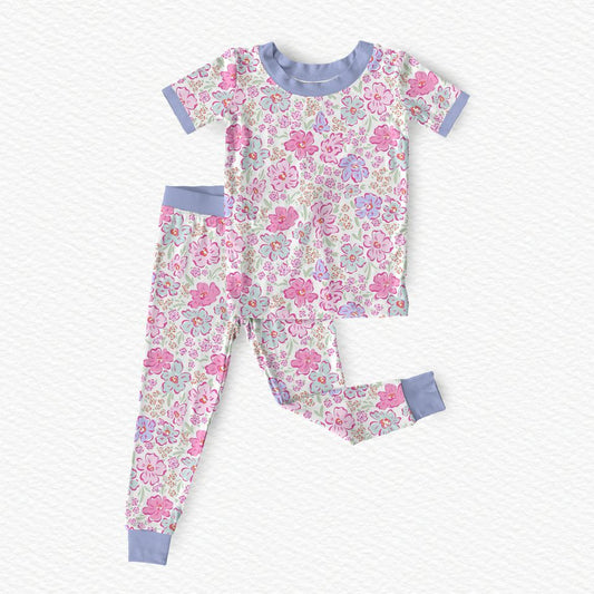 Pink Blossoms & Periwinkle Bamboo Short Sleeve Pajama Set