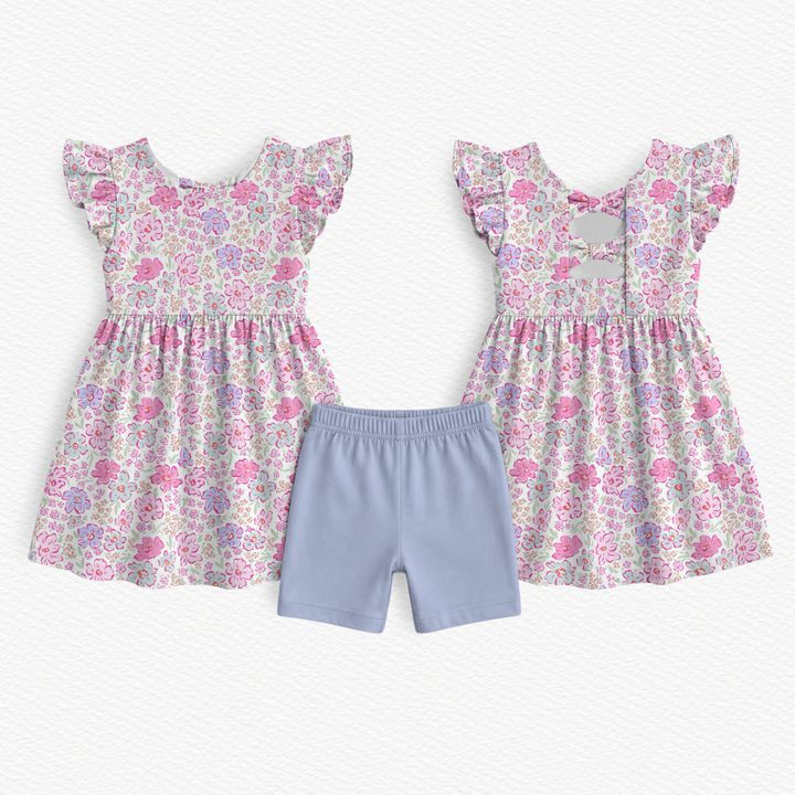 Pink Blossoms & Periwinkle Bamboo Dottie Twirl Dress