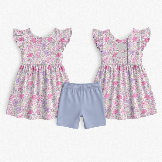 Pink Blossoms & Periwinkle Bamboo Dottie Twirl Dress
