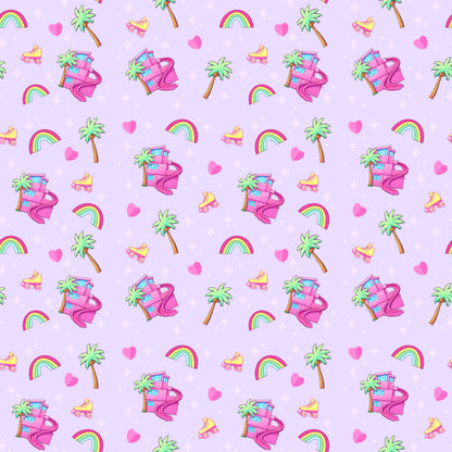 Polly & Pearl footless romper fabric featuring a retro print of palm trees, rainbows, and roller skates on lavender.