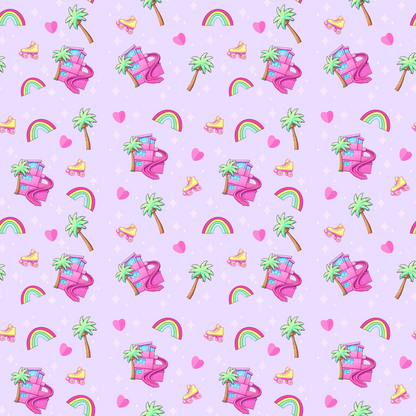 Polly & Pearl footless romper fabric featuring a retro print of palm trees, rainbows, and roller skates on lavender.