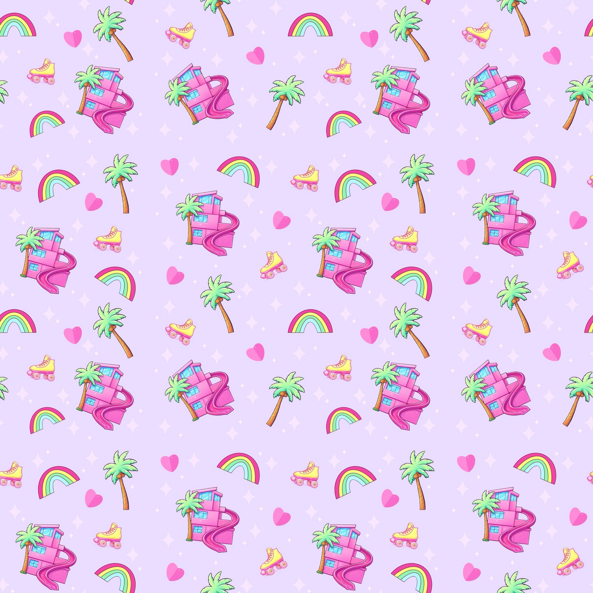 Polly & Pearl print of palm trees, rainbows, yellow roller-skates and a doll dream house against a lavender background. 