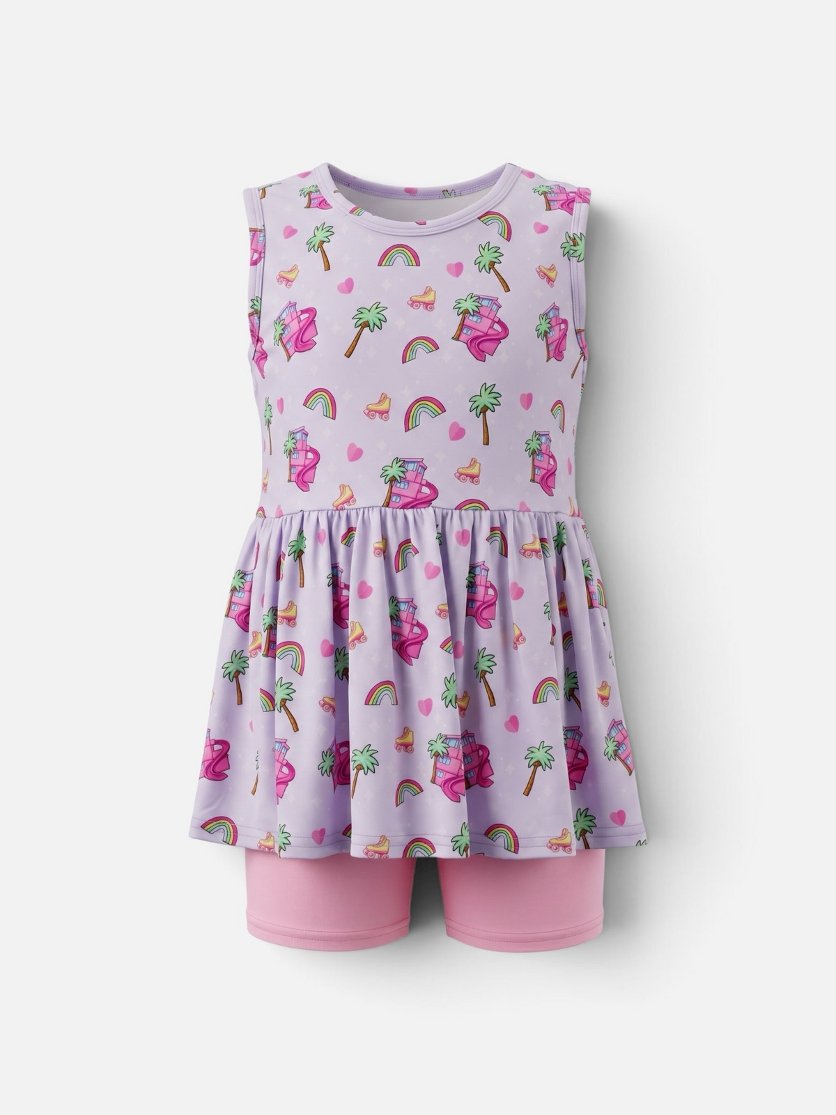 Polly & Pearl girls' lavender sleeveless drop-waist tunic with palm tree print and matching pink shorts set.