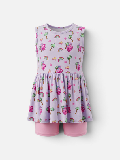 Polly & Pearl girls' lavender sleeveless drop-waist tunic with palm tree print and matching pink shorts set.