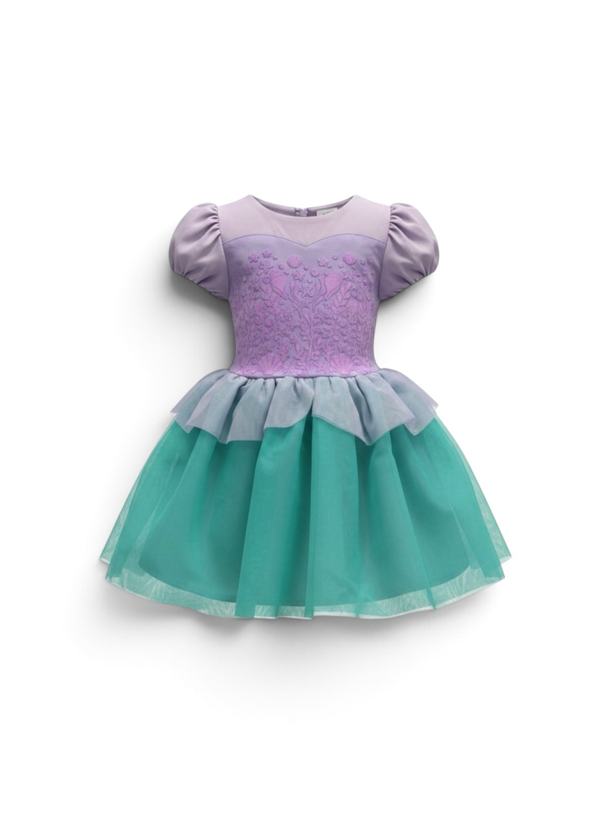 Polly & Pearl lavender and teal mermaid princess dress with embossed floral bodice, puff sleeves, and tulle skirt.