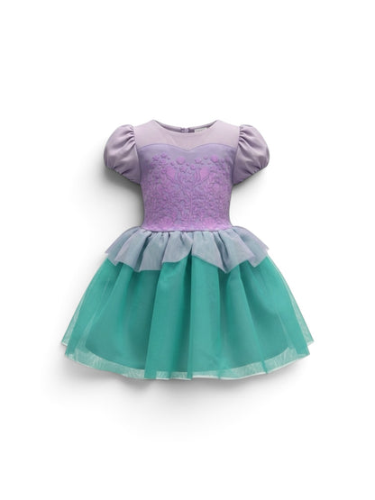 Polly & Pearl lavender and teal mermaid princess dress with embossed floral bodice, puff sleeves, and tulle skirt.