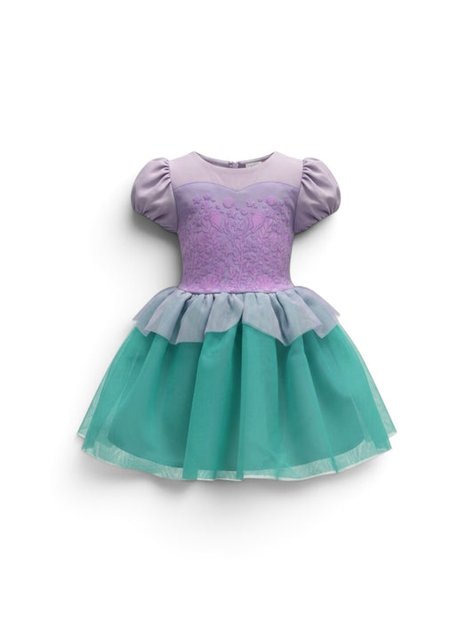 Polly & Pearl lavender and teal mermaid princess dress with embossed floral bodice, puff sleeves, and tulle skirt.